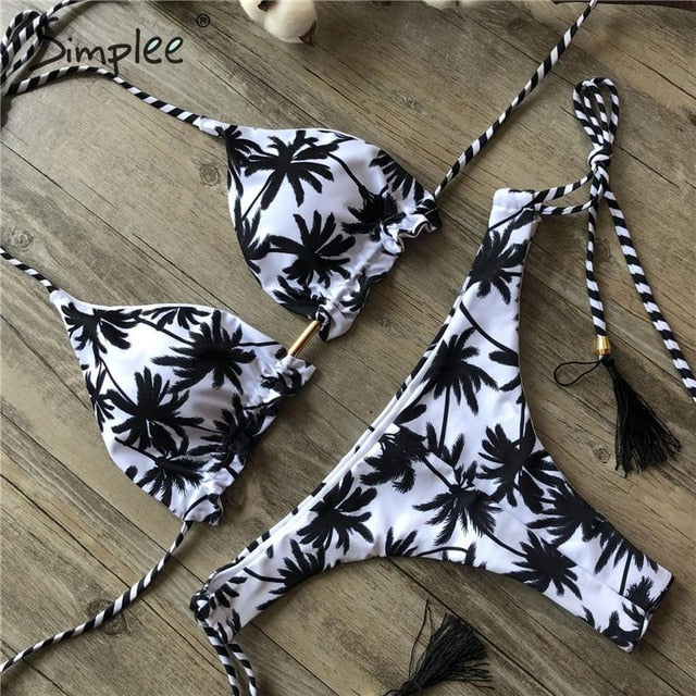 Floral print tassel swimwear Bandage swimsuit push up two pieces suit triangle bikini set bathing suit beach wear The Clothing Company Sydney