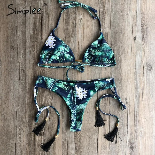 Floral print tassel swimwear Bandage swimsuit push up two pieces suit triangle bikini set bathing suit beach wear The Clothing Company Sydney