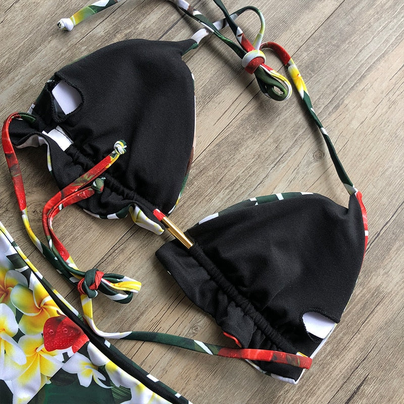 Floral print tassel swimwear Bandage swimsuit push up two pieces suit triangle bikini set bathing suit beach wear The Clothing Company Sydney