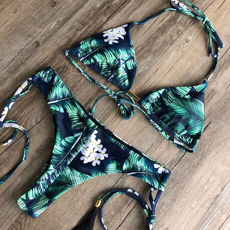 Floral print tassel swimwear Bandage swimsuit push up two pieces suit triangle bikini set bathing suit beach wear The Clothing Company Sydney