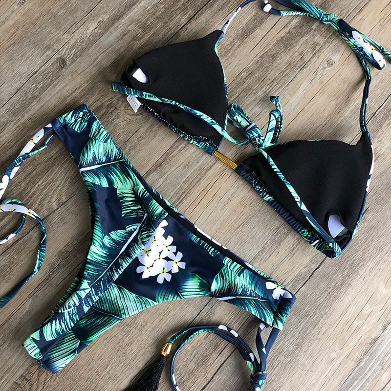 Floral print tassel swimwear Bandage swimsuit push up two pieces suit triangle bikini set bathing suit beach wear The Clothing Company Sydney