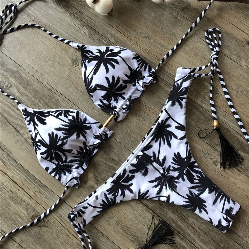Floral print tassel swimwear Bandage swimsuit push up two pieces suit triangle bikini set bathing suit beach wear The Clothing Company Sydney