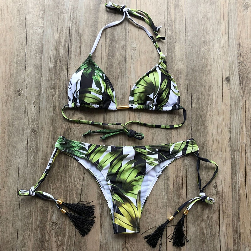 Floral print tassel swimwear Bandage swimsuit push up two pieces suit triangle bikini set bathing suit beach wear The Clothing Company Sydney
