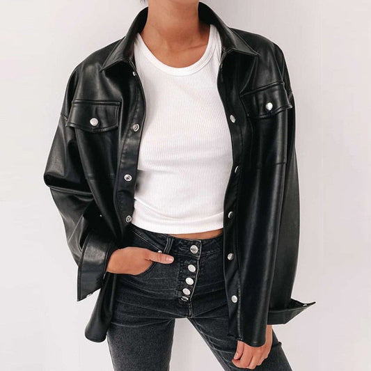 Streetwear Black PU Leather Blouse Women Cardigan Buttons Fashion Women's Shirt Top Long Sleeve Jacket The Clothing Company Sydney