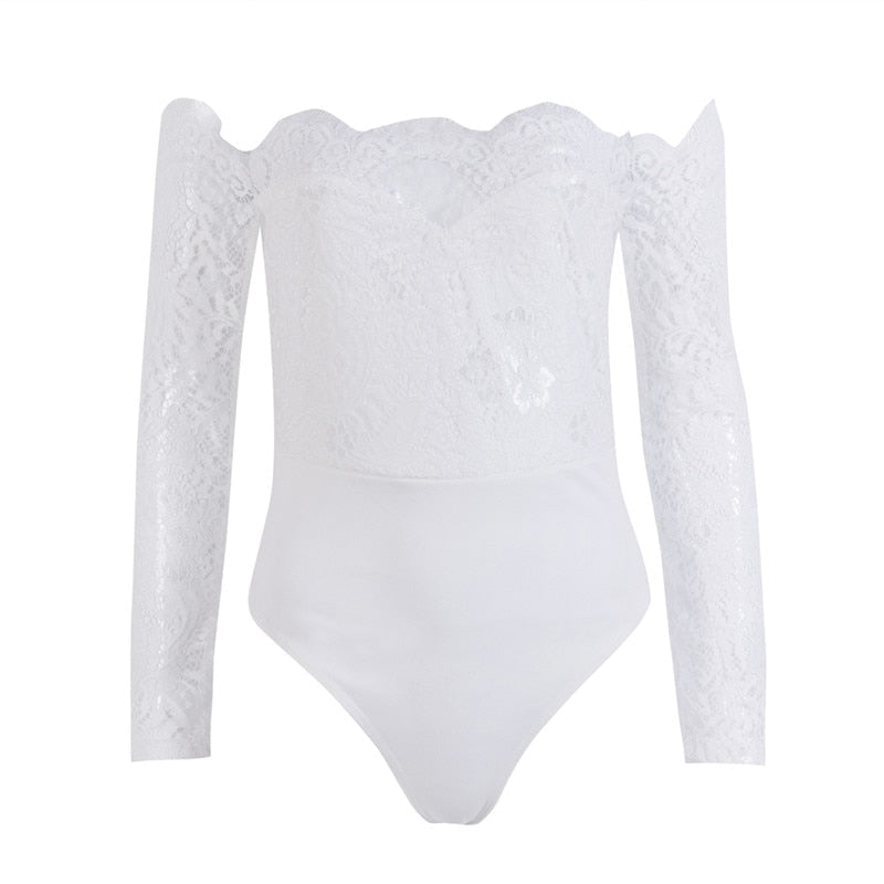 Ladies summer autumn off shoulder playsuits long sleeve sheer lace patchwork hollow bandage skinny playsuits The Clothing Company Sydney