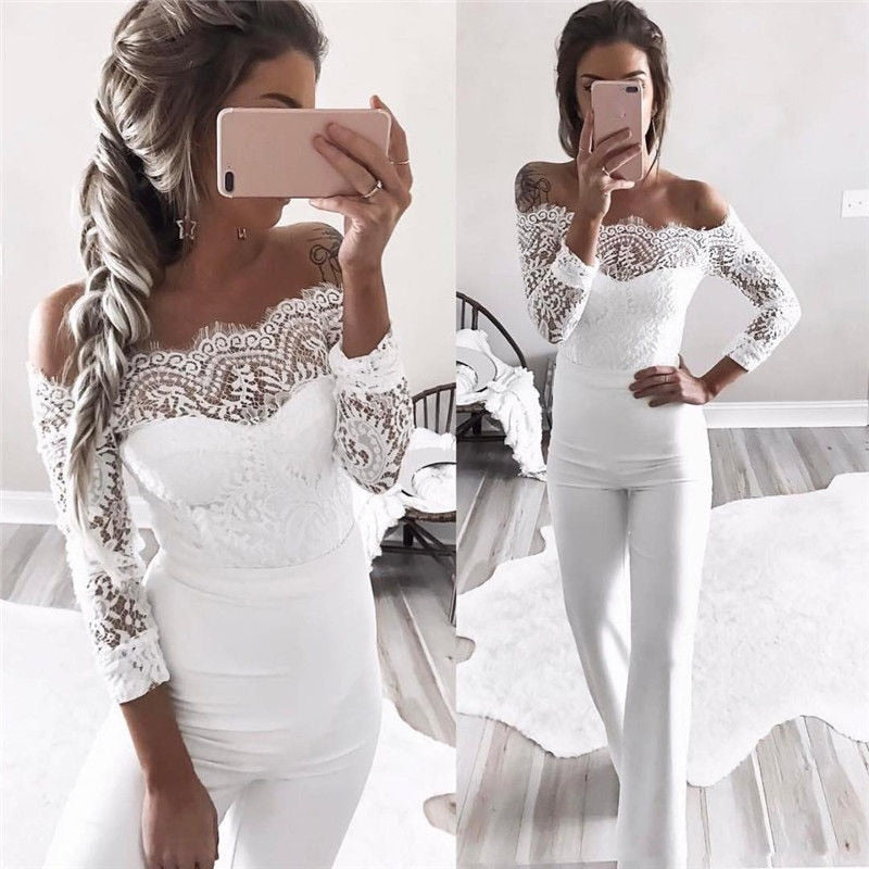 Ladies summer autumn off shoulder playsuits long sleeve sheer lace patchwork hollow bandage skinny playsuits The Clothing Company Sydney