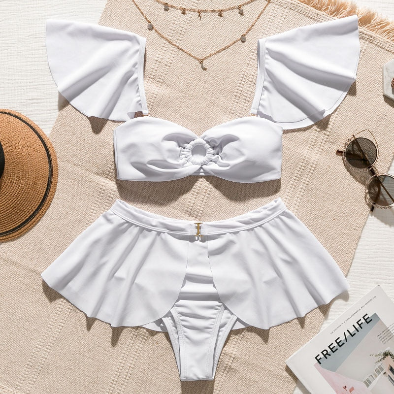 2 Piece High waist Ruffle swimsuit female swimwear women Off shoulder retro bathing suit with skirt Bikini Set The Clothing Company Sydney