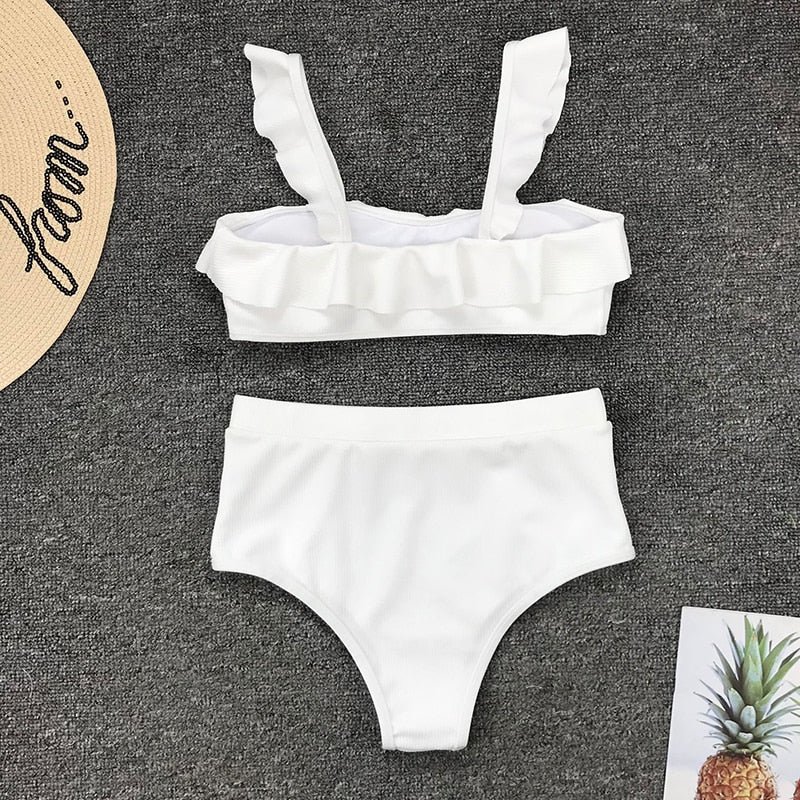 2 Piece Ruffle High Waist Swimwear Women Swimsuit Push Up Bikini Set Solid Bathing Suit Summer Beach Wear Swimming Suit The Clothing Company Sydney