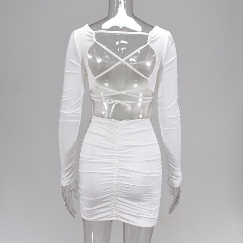 Backless Sexy White Long Sleeve Square Collar Bodycon Lacing Party Dress Summer Club Mini Dress The Clothing Company Sydney