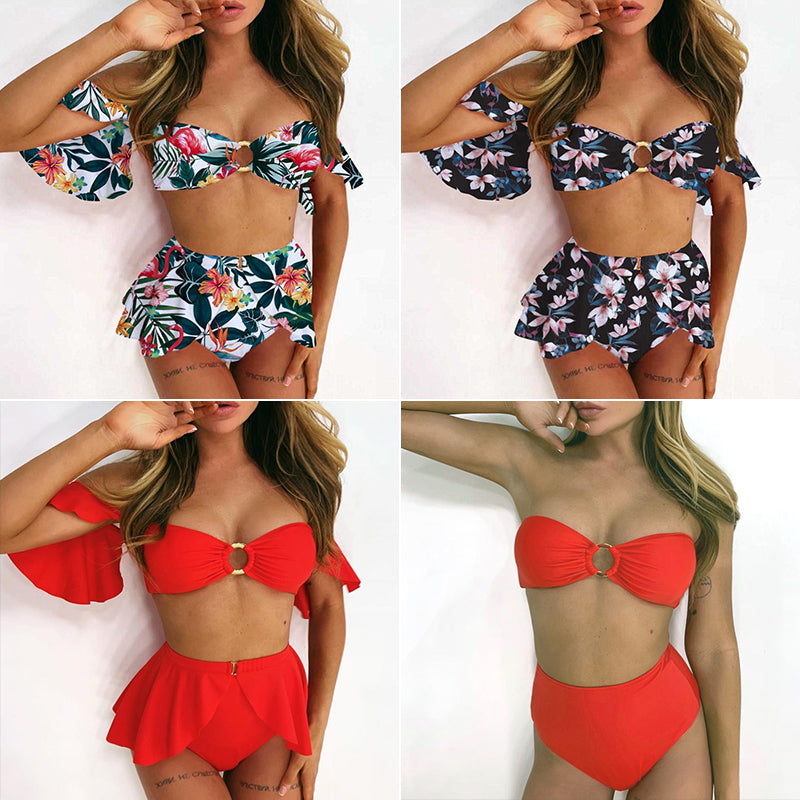 2 Piece High waist Ruffle swimsuit female swimwear women Off shoulder retro bathing suit with skirt Bikini Set The Clothing Company Sydney