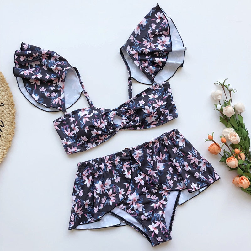 2 Piece High waist Ruffle swimsuit female swimwear women Off shoulder retro bathing suit with skirt Bikini Set The Clothing Company Sydney