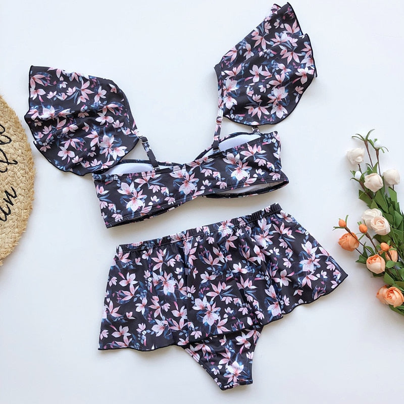 2 Piece High waist Ruffle swimsuit female swimwear women Off shoulder retro bathing suit with skirt Bikini Set The Clothing Company Sydney