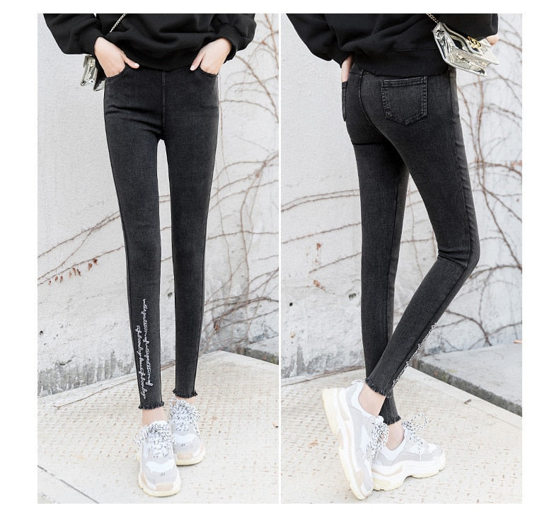 Spring Embroidered Letters Washed Jeans Leggings Skinny Slim Woven Pencil Pants Jeans Jeggings The Clothing Company Sydney