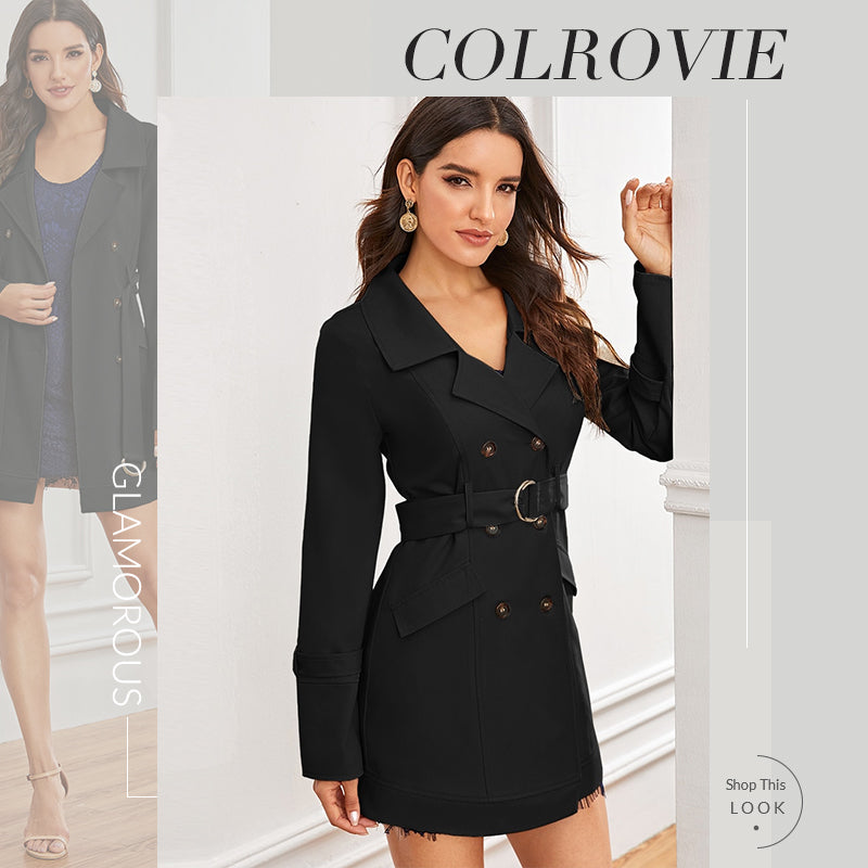 Black Notch Collar Double Breasted D-ring Belted Coat Solid Coat And Jackets Ladies Outerwear The Clothing Company Sydney