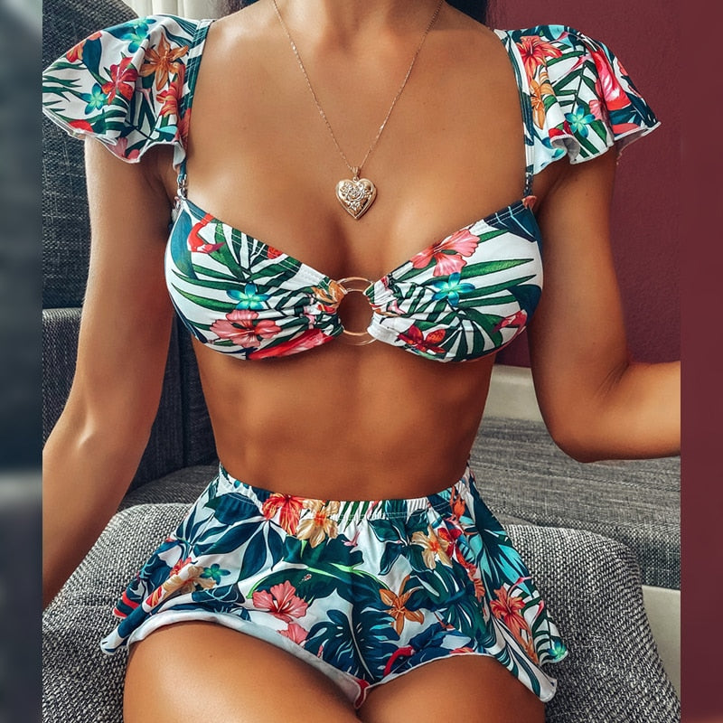 2 Piece High waist Ruffle swimsuit female swimwear women Off shoulder retro bathing suit with skirt Bikini Set The Clothing Company Sydney