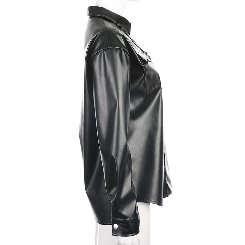 Streetwear Black PU Leather Blouse Women Cardigan Buttons Fashion Women's Shirt Top Long Sleeve Jacket The Clothing Company Sydney