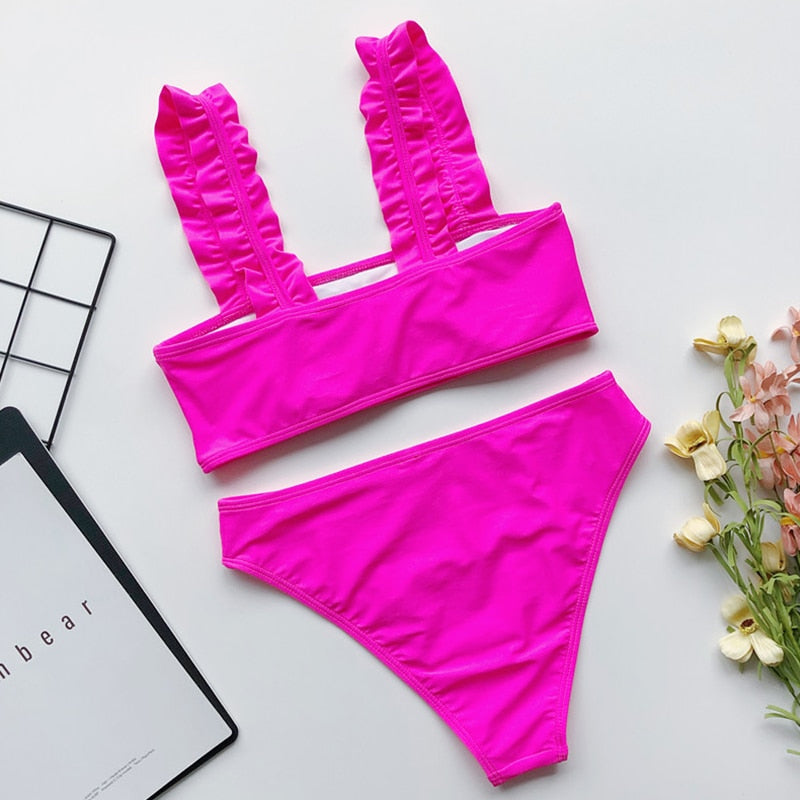 2 Piece Ruffle High Waist Swimwear Women Swimsuit Push Up Bikini Set Solid Bathing Suit Summer Beach Wear Swimming Suit The Clothing Company Sydney