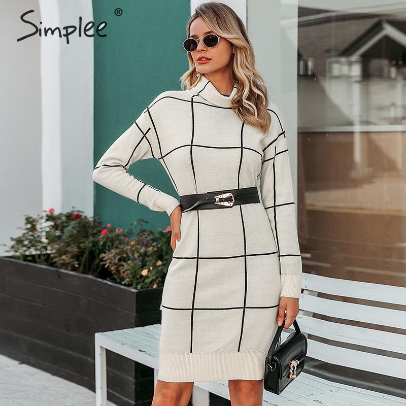 Elegant knitted Long sleeve turtleneck plaid Winter straight chic pullover sweater dress The Clothing Company Sydney