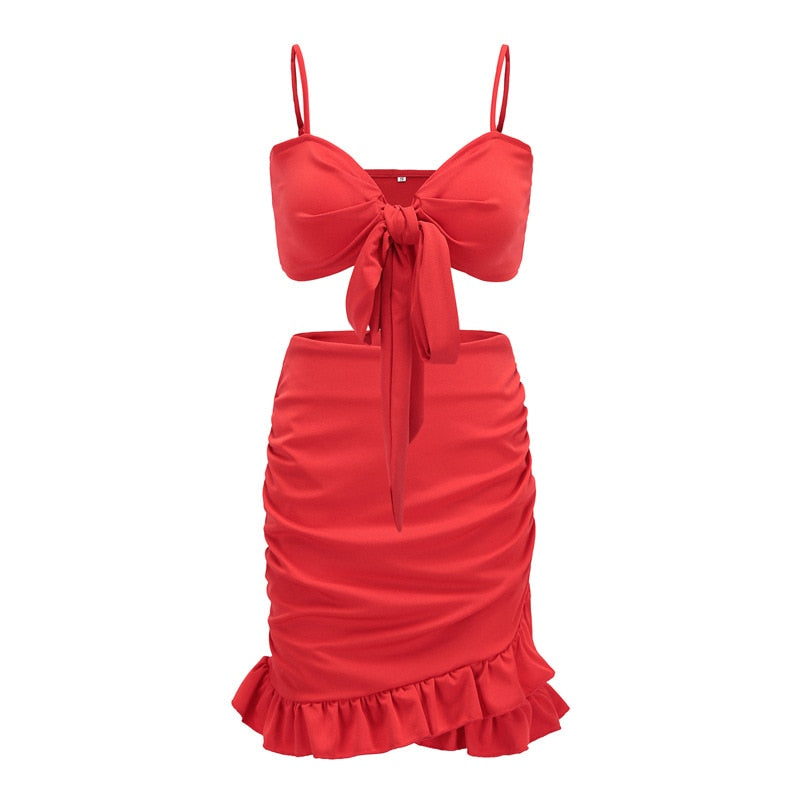 Two Pieces Set Women Ruffles Bow Casual Beach Summer Red Off Shoulder Sexy Club Bodycon Wrap Mini Party Dress The Clothing Company Sydney