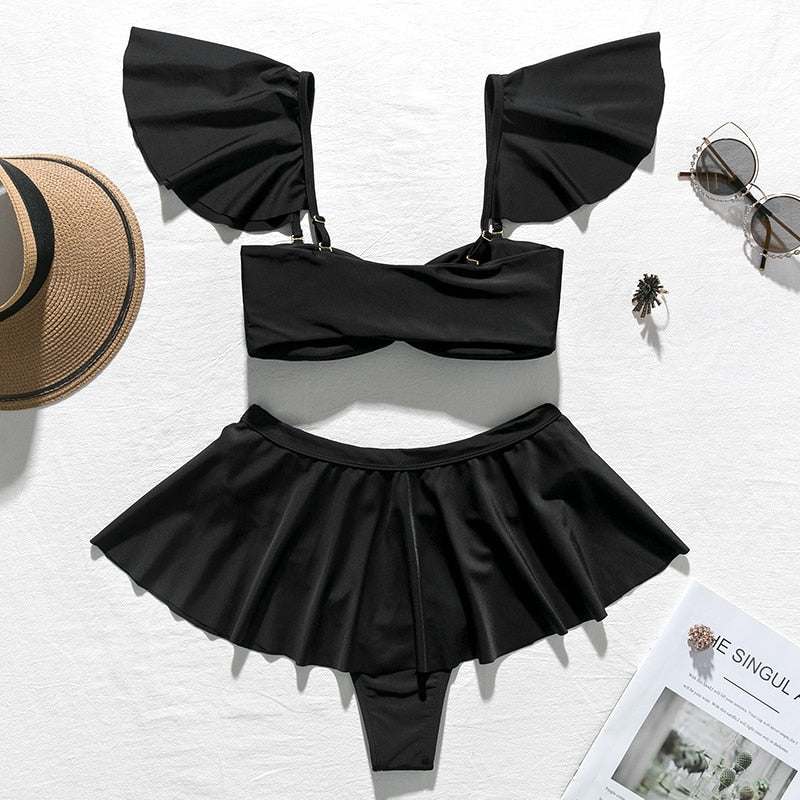 2 Piece High waist Ruffle swimsuit female swimwear women Off shoulder retro bathing suit with skirt Bikini Set The Clothing Company Sydney