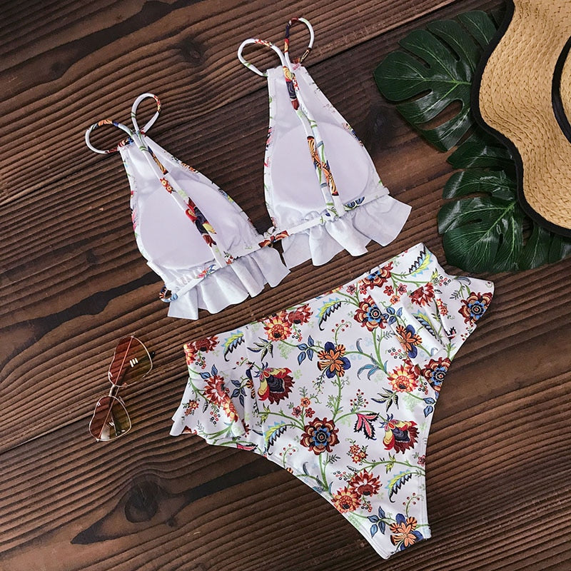 2 Piece Print Sexy Bathing Suit Cute Swimwear Women Swimsuit Ruffle Shoulder Brazilian High Waist Bikini Set The Clothing Company Sydney