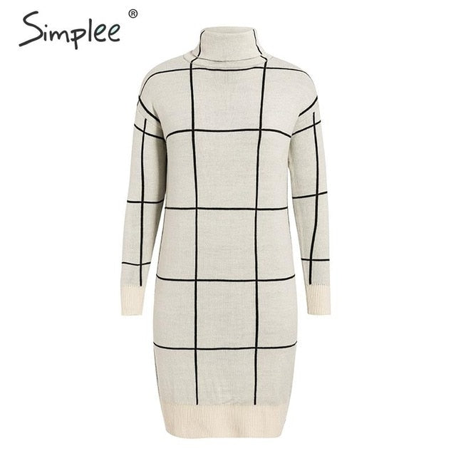 Elegant knitted Long sleeve turtleneck plaid Winter straight chic pullover sweater dress The Clothing Company Sydney