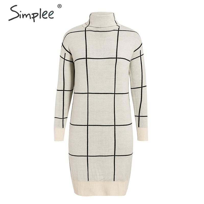 Elegant knitted Long sleeve turtleneck plaid Winter straight chic pullover sweater dress The Clothing Company Sydney