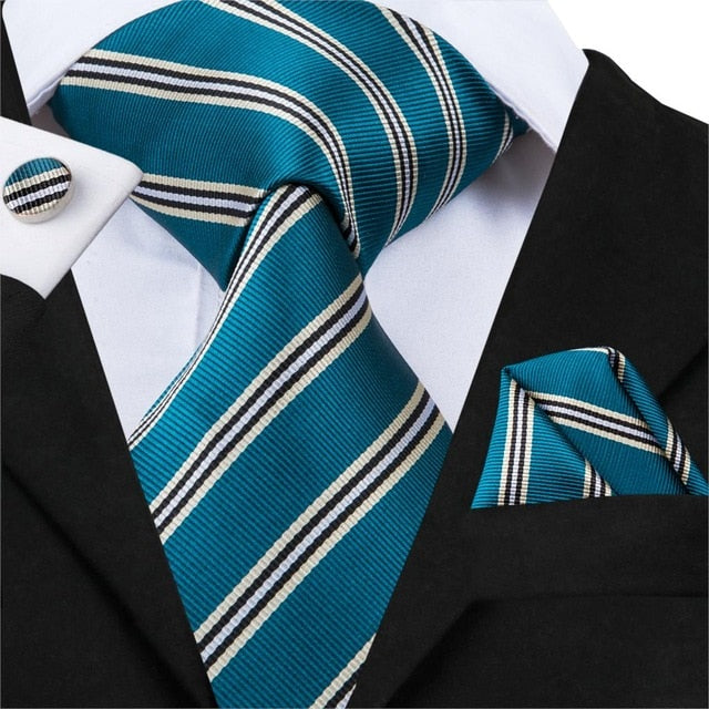 3 Piece Business Classic Blue Black Striped Solid Men's 3.4" Brand Necktie Pocket Square Cufflinks Wedding Party Silk Tie Set The Clothing Company Sydney
