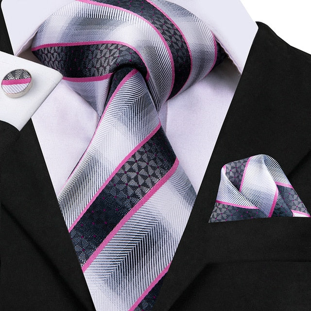 3 Piece Business Classic Blue Black Striped Solid Men's 3.4" Brand Necktie Pocket Square Cufflinks Wedding Party Silk Tie Set The Clothing Company Sydney