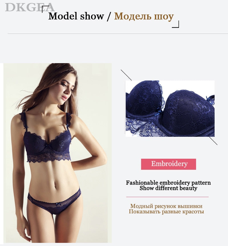 2 Piece Cotton Blue Sexy Bra Set Push up Thick Brassiere Lace Embroidered Brief Lingerie Underwear Set The Clothing Company Sydney
