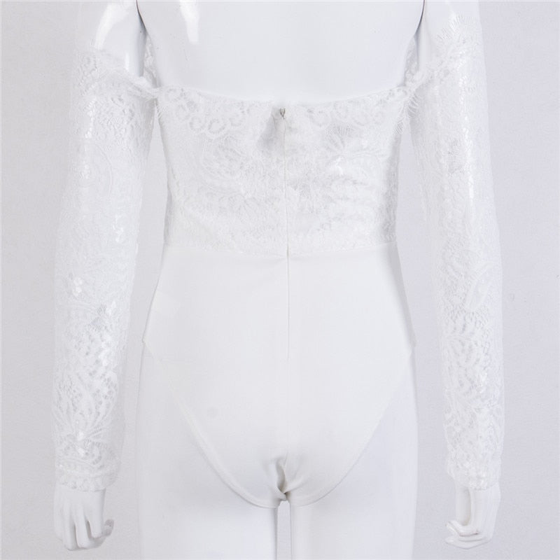 Fancy summer fall off shoulder playsuit jumpsuit long sleeve sheer lace patchwork hollow bandage skinny Outfit set The Clothing Company Sydney