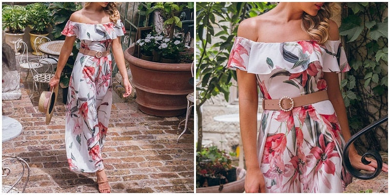 Bohemian floral print Elegant off shoulder sashes ladies long Summer beach ruffled playsuit Jumpsuit The Clothing Company Sydney