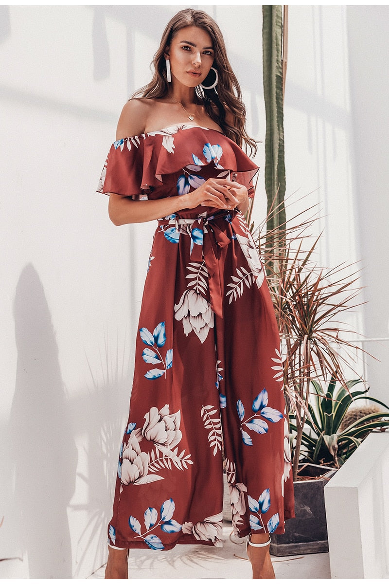 Bohemian floral print Elegant off shoulder sashes ladies long Summer beach ruffled playsuit Jumpsuit The Clothing Company Sydney