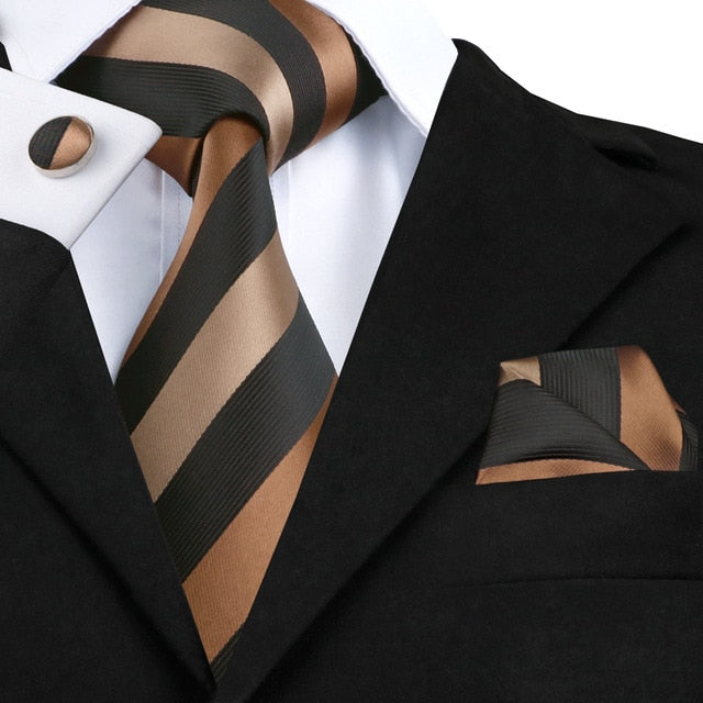 3 Piece Business Classic Blue Black Striped Solid Men's 3.4" Brand Necktie Pocket Square Cufflinks Wedding Party Silk Tie Set The Clothing Company Sydney