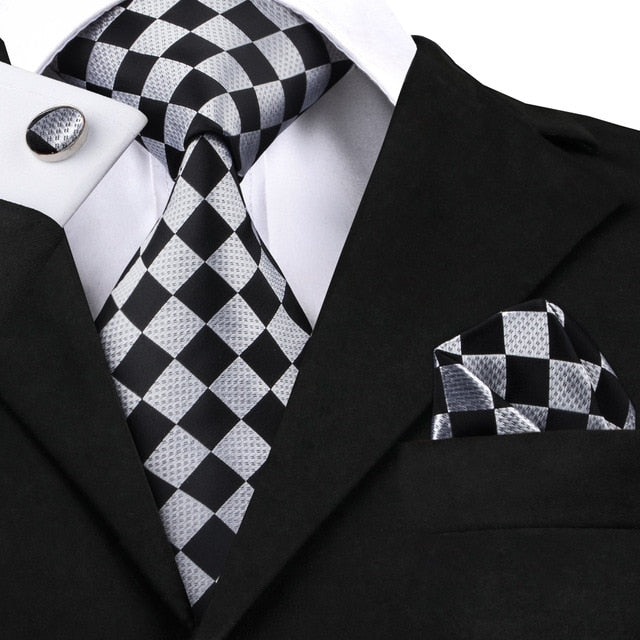 3 Piece Business Classic Blue Black Striped Solid Men's 3.4" Brand Necktie Pocket Square Cufflinks Wedding Party Silk Tie Set The Clothing Company Sydney