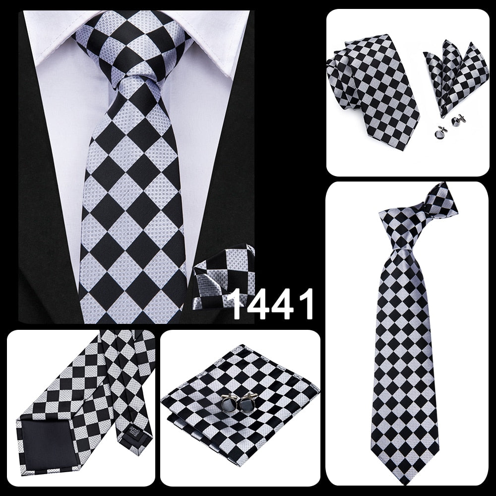3 Piece Business Classic Blue Black Striped Solid Men's 3.4" Brand Necktie Pocket Square Cufflinks Wedding Party Silk Tie Set The Clothing Company Sydney