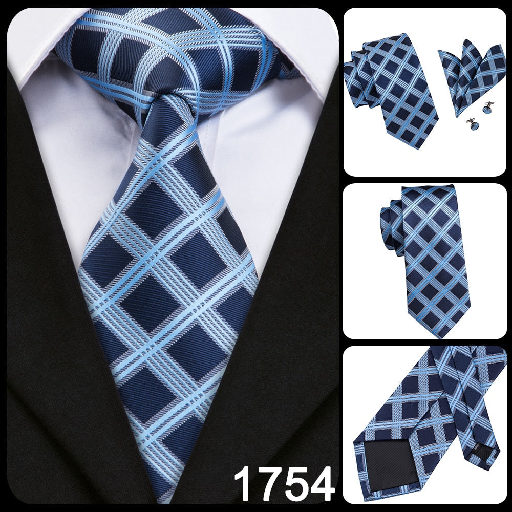 3 Piece Business Classic Blue Black Striped Solid Men's 3.4" Brand Necktie Pocket Square Cufflinks Wedding Party Silk Tie Set The Clothing Company Sydney