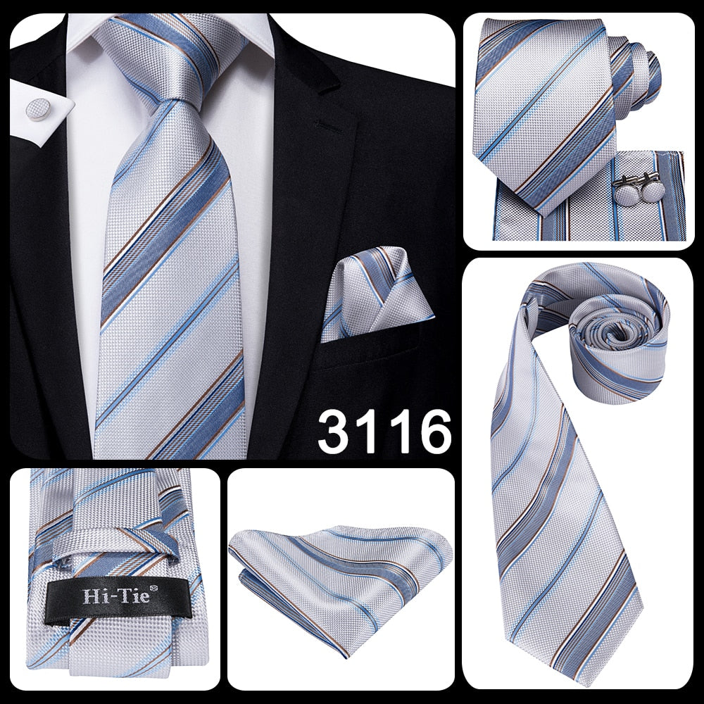 3 Piece Business Classic Blue Black Striped Solid Men's 3.4" Brand Necktie Pocket Square Cufflinks Wedding Party Silk Tie Set The Clothing Company Sydney