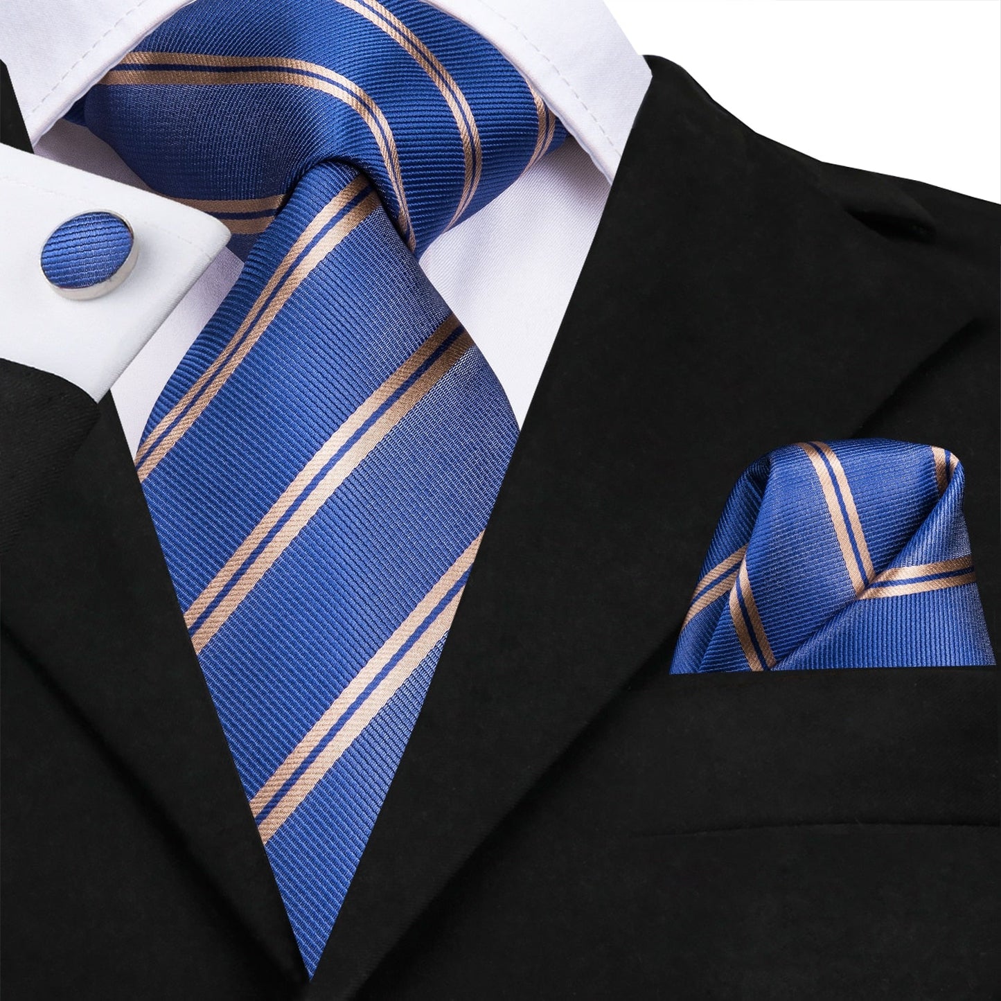 3 Piece Business Classic Blue Black Striped Solid Men's 3.4" Brand Necktie Pocket Square Cufflinks Wedding Party Silk Tie Set The Clothing Company Sydney