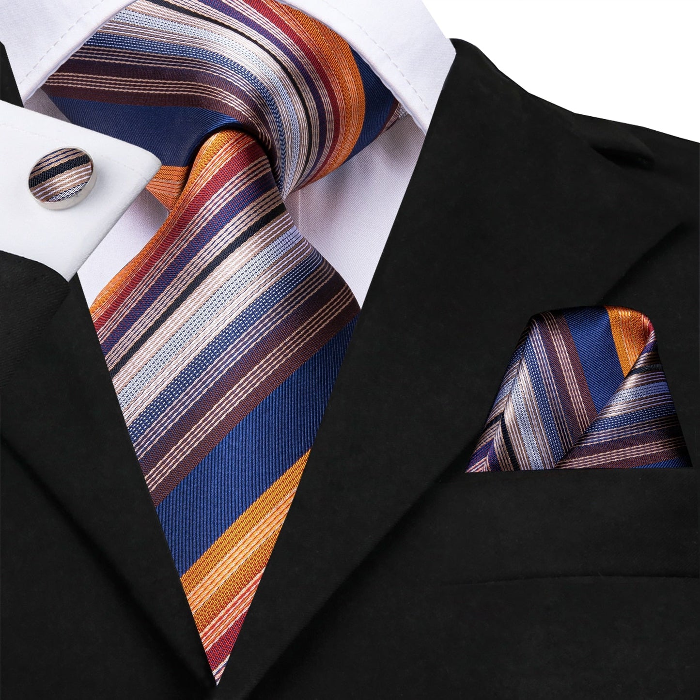 3 Piece Business Classic Blue Black Striped Solid Men's 3.4" Brand Necktie Pocket Square Cufflinks Wedding Party Silk Tie Set The Clothing Company Sydney