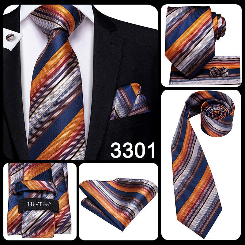 3 Piece Business Classic Blue Black Striped Solid Men's 3.4" Brand Necktie Pocket Square Cufflinks Wedding Party Silk Tie Set The Clothing Company Sydney