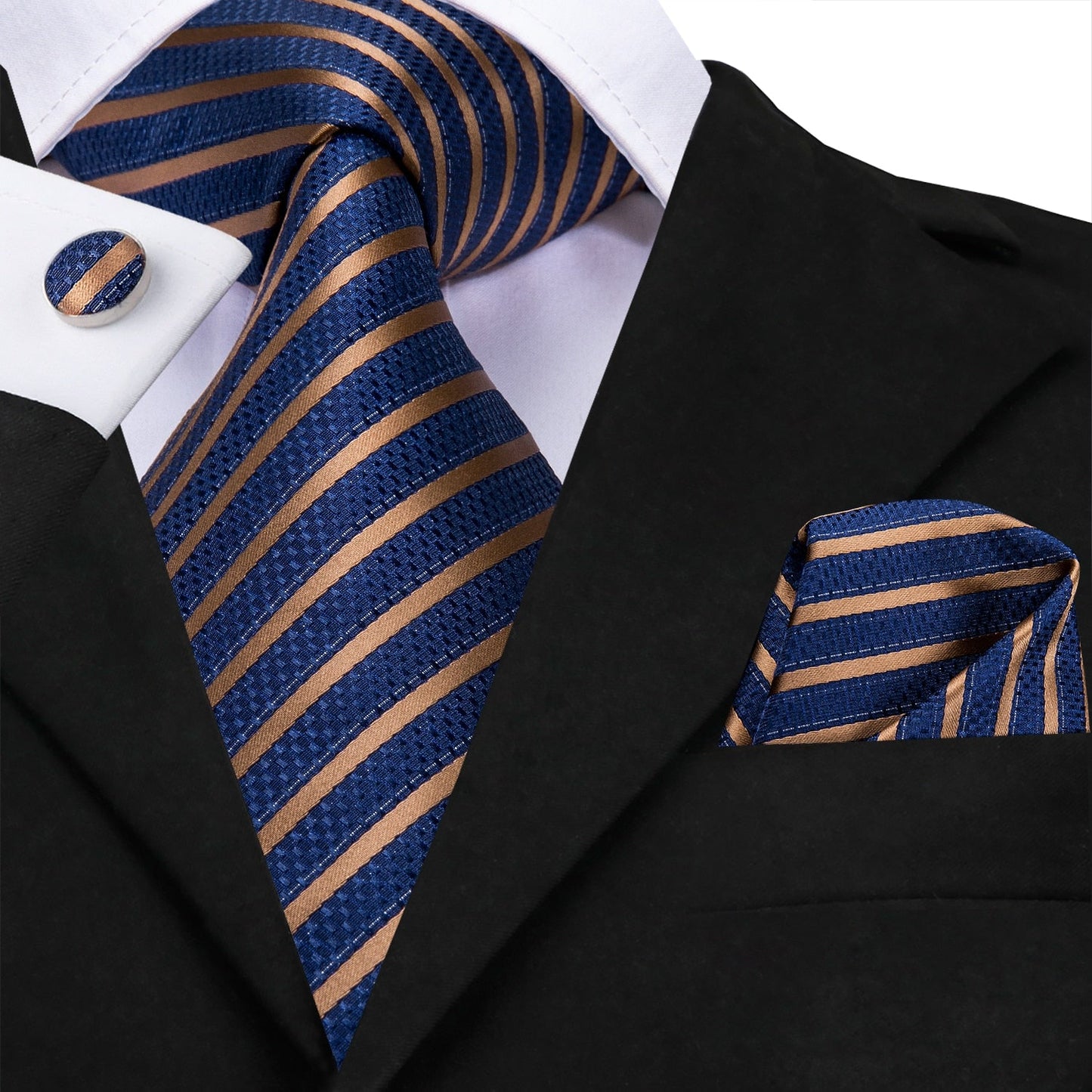 3 Piece Business Classic Blue Black Striped Solid Men's 3.4" Brand Necktie Pocket Square Cufflinks Wedding Party Silk Tie Set The Clothing Company Sydney