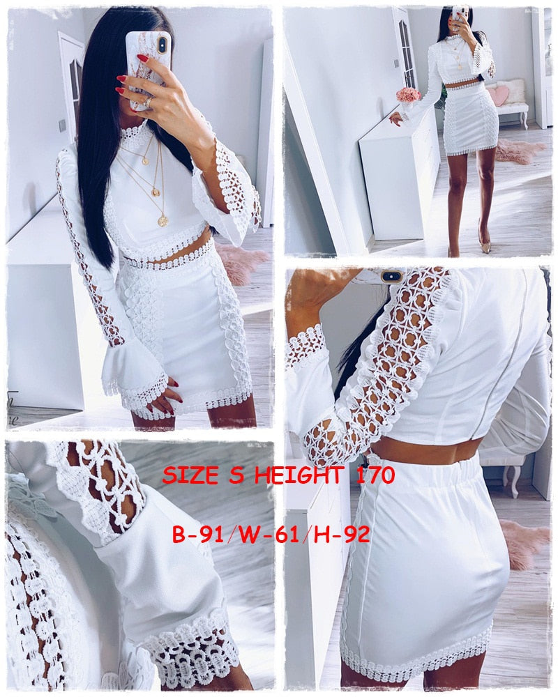 Elegant lace bodycon White 2 piece hollow out autumn dress suit Winter party club short party dresses The Clothing Company Sydney