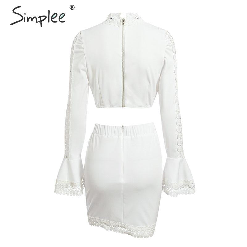 Elegant lace bodycon White 2 piece hollow out autumn dress suit Winter party club short party dresses The Clothing Company Sydney
