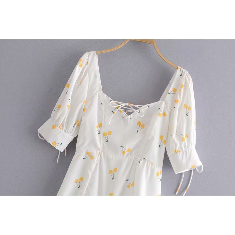 Elegant vintage summer white yellow cherry strap puff sleeve high waist lining silk-like beach mini dress The Clothing Company Sydney