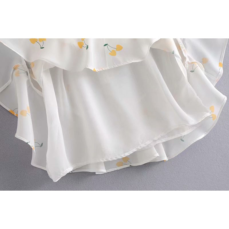 Elegant vintage summer white yellow cherry strap puff sleeve high waist lining silk-like beach mini dress The Clothing Company Sydney