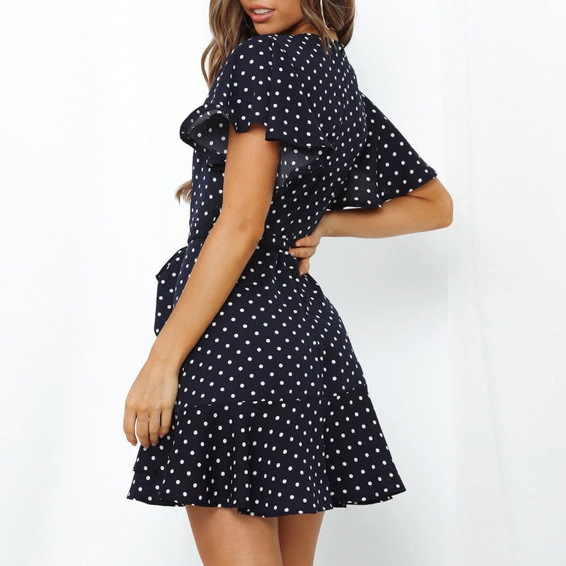 Summer Boho Print Women Sexy V Neck Holiday Beach A Line Short Sleeve Ruffles Bandage Mini Dress The Clothing Company Sydney