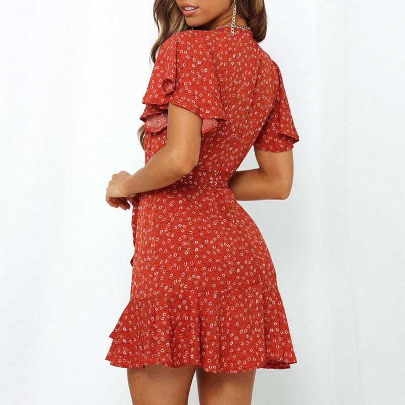 Summer Boho Print Women Sexy V Neck Holiday Beach A Line Short Sleeve Ruffles Bandage Mini Dress The Clothing Company Sydney