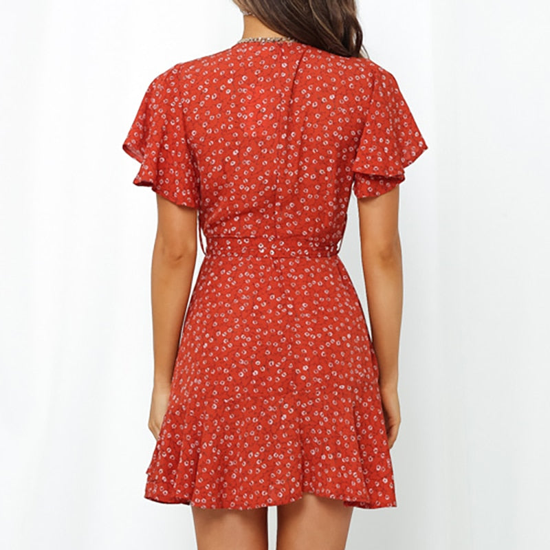 Summer Boho Print Women Sexy V Neck Holiday Beach A Line Short Sleeve Ruffles Bandage Mini Dress The Clothing Company Sydney