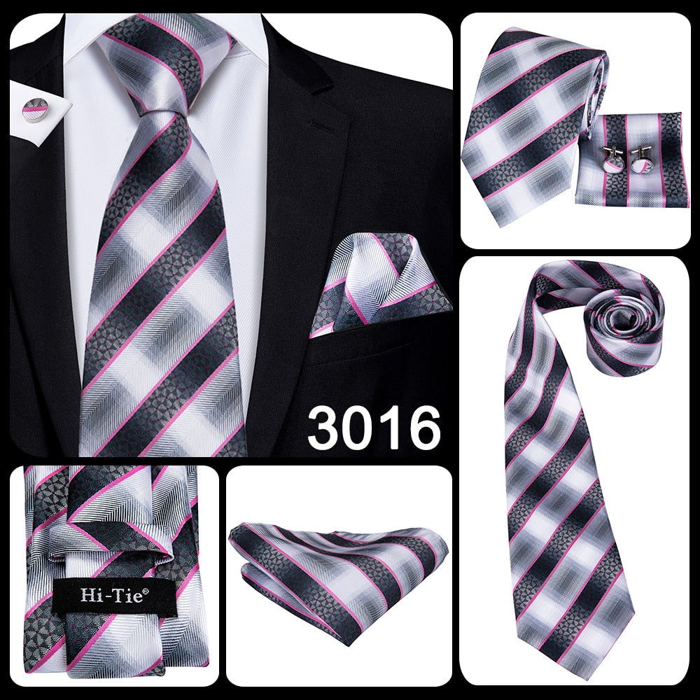 3 Piece Business Classic Blue Black Striped Solid Men's 3.4" Brand Necktie Pocket Square Cufflinks Wedding Party Silk Tie Set The Clothing Company Sydney